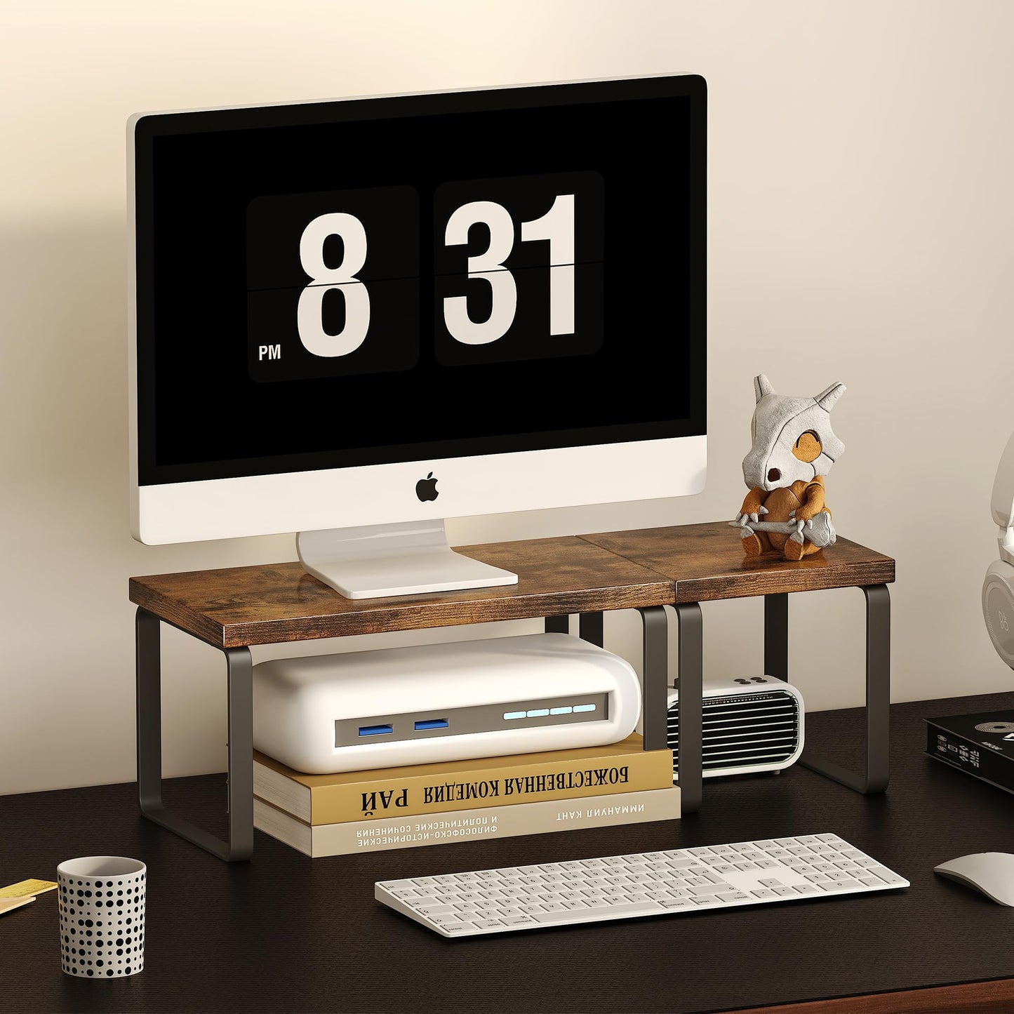 Homeiju Wooden Desktop Organizer Shelf, 2-Tier Adjustable Freestanding Bookshelf Desk Shelf, Stackable Desk Organizer for Office, Dorm, Bedroom, Space Saving, Easy Assembly, Rustic Brown (1 Pack)