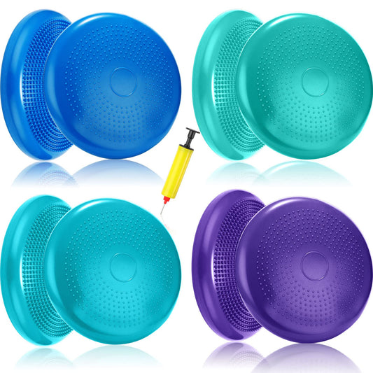 Sotiff 4 Pcs Inflated Wobble Cushion Wiggle Seat for Sensory Kids Flexible Seat for Classroom Wobble Disc with Inflation Pump Stability Balance Board for Adult Physical Therapy Exercise(Fresh Color)