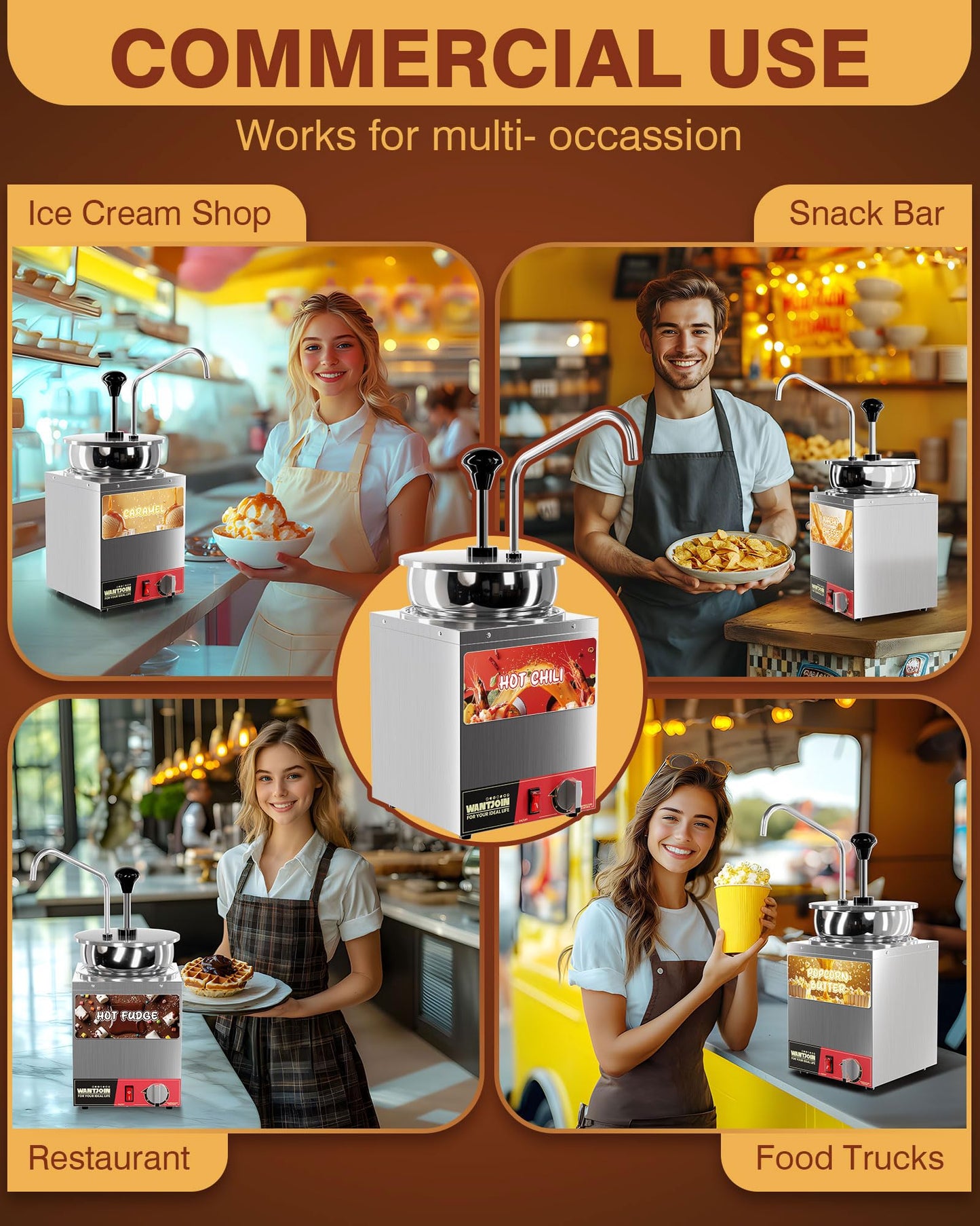 WantJoin Nacho Cheese Dispenser with Pump - 4.6QT Commercial Stainless Steel Warmer with 86-185°F Temperature Control for Hot Fudge, Caramel & Sauces