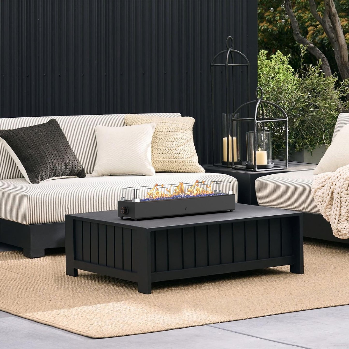 36-inch Table Top Propane Fire Pit, 40,000 BTU Tabletop Firepit for Patio, Outdoor Portable Rectangular Fire Bowl w/Wind Glass Shield, Glass Rocks - Black