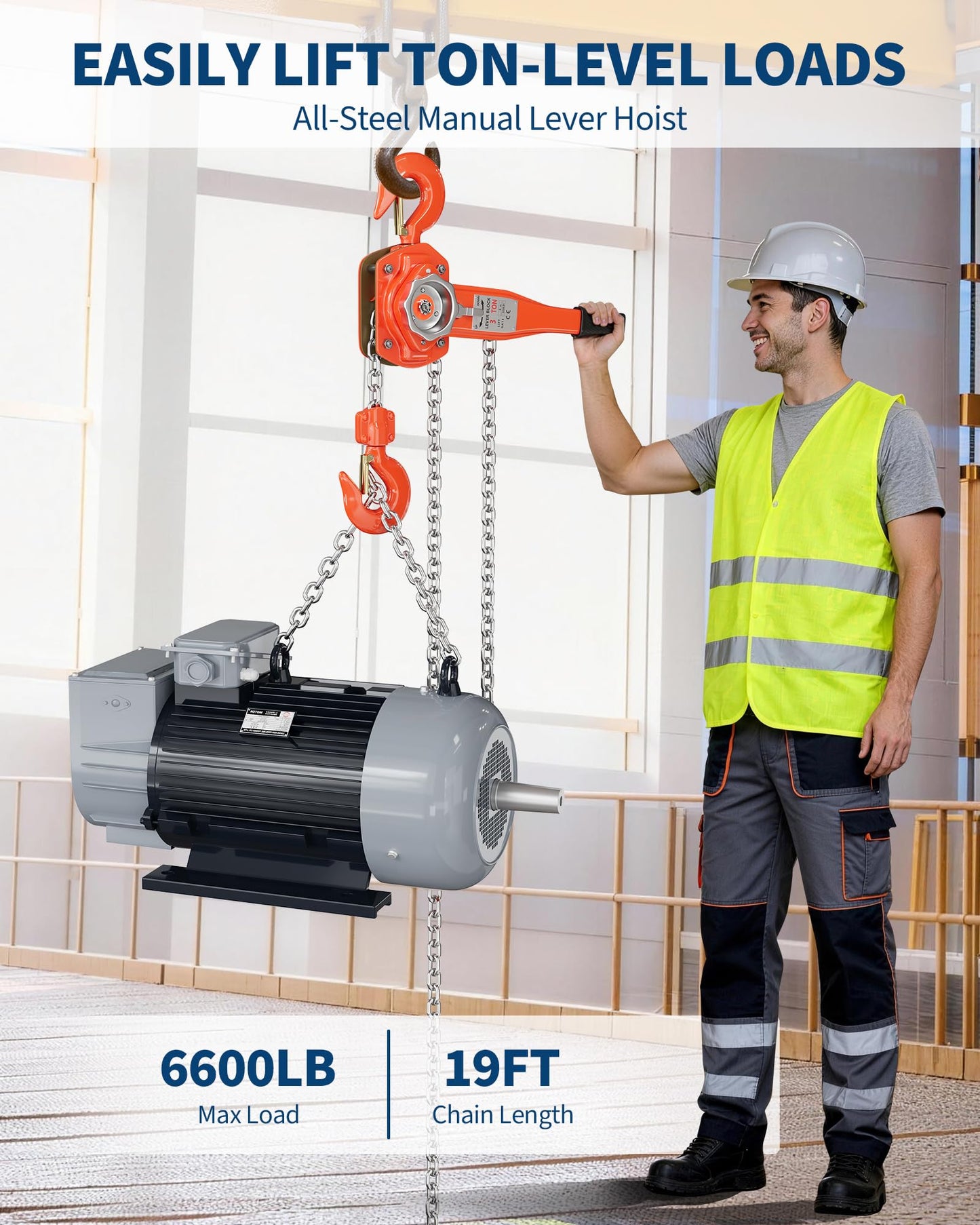 Manual Lever Chain Hoist 3 Ton 6600 lbs Capacity, 20FT Come Along with G80 Galvanized Steel Chain, Weston Double Pawl Safety Brake, 360° Swivel Hook for Garage, Factory, Dock, Construction