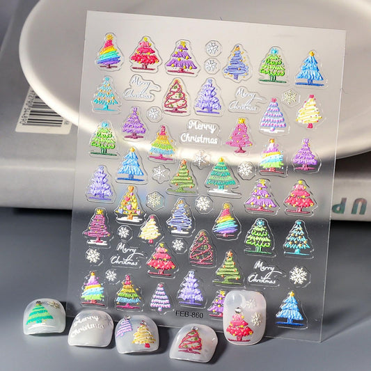 Christmas Nail Art Stickers 5D Embossed Colorful Xmas Tree Nail Stickers Self-Adhesive Snowflake Xmas Tree Nail Decals for Women Girls Winter Holiday Manicure DIY Nail Supplies
