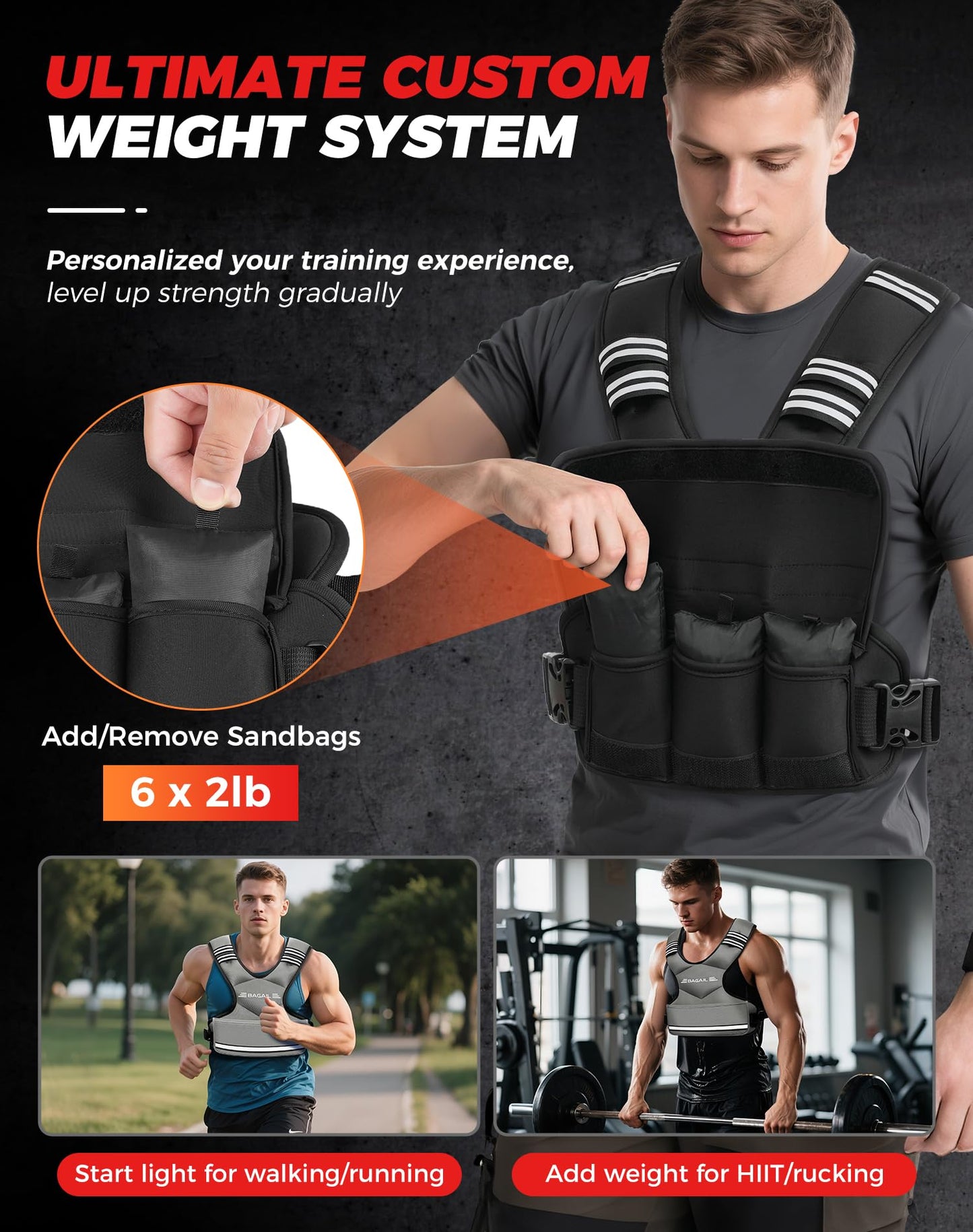 BAGAIL Adjustable Weighted Vest for Men 20-32lb, Comfortable U-Neck Rucking Vest with 6 Removable Weights, Storage Pocket and Reflective Strips for Strength Training, Advanced Bodyweight Workouts & Endurance