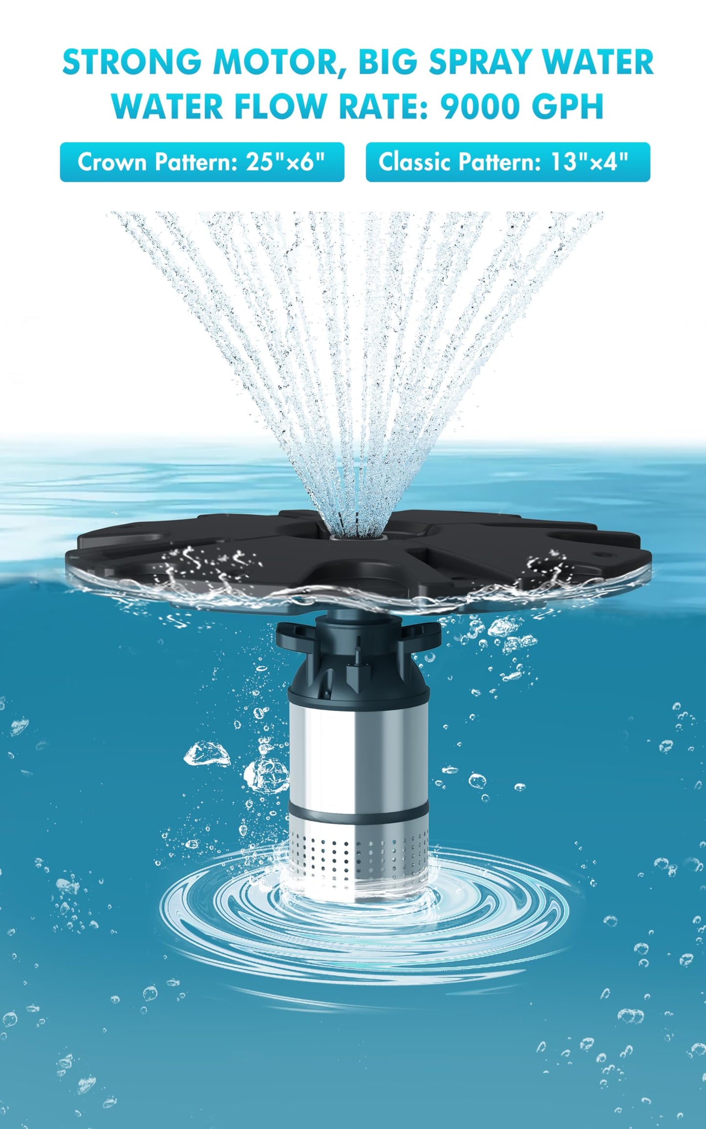 HQUA FS02 120V, 1/4HP, Large Pond Floating Fountain with FSL01 LED RGB Color-Changing Light Sets, 100’ Cord, 9000 GPH, Two Spray Patterns 25'×6' and 13'×4'