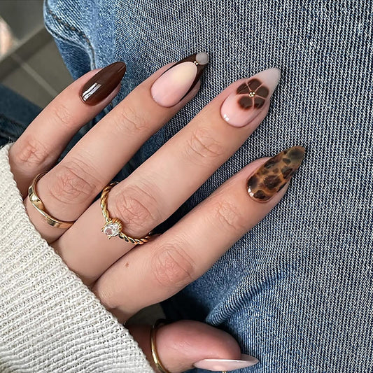 Leopard Press on Medium Length Flower French False Nails - Dark Brown Coffin Full Cover Artificial Acrylic Almond Stick on DIY Glossy Glue on for Women - Manicure Kit 24Pcs
