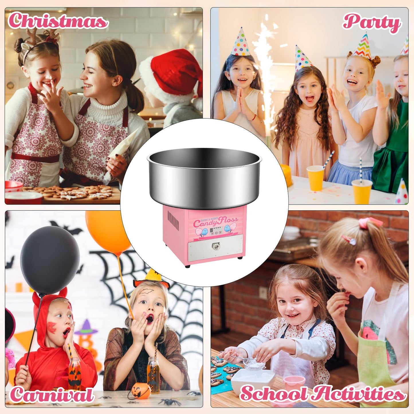 Electric Cotton Candy Maker Commercial, Cotton Candy Machine for Kids with 20 inch Stainless Steel Bowl for Family, Party, Amusement Park, Carnival- Pink