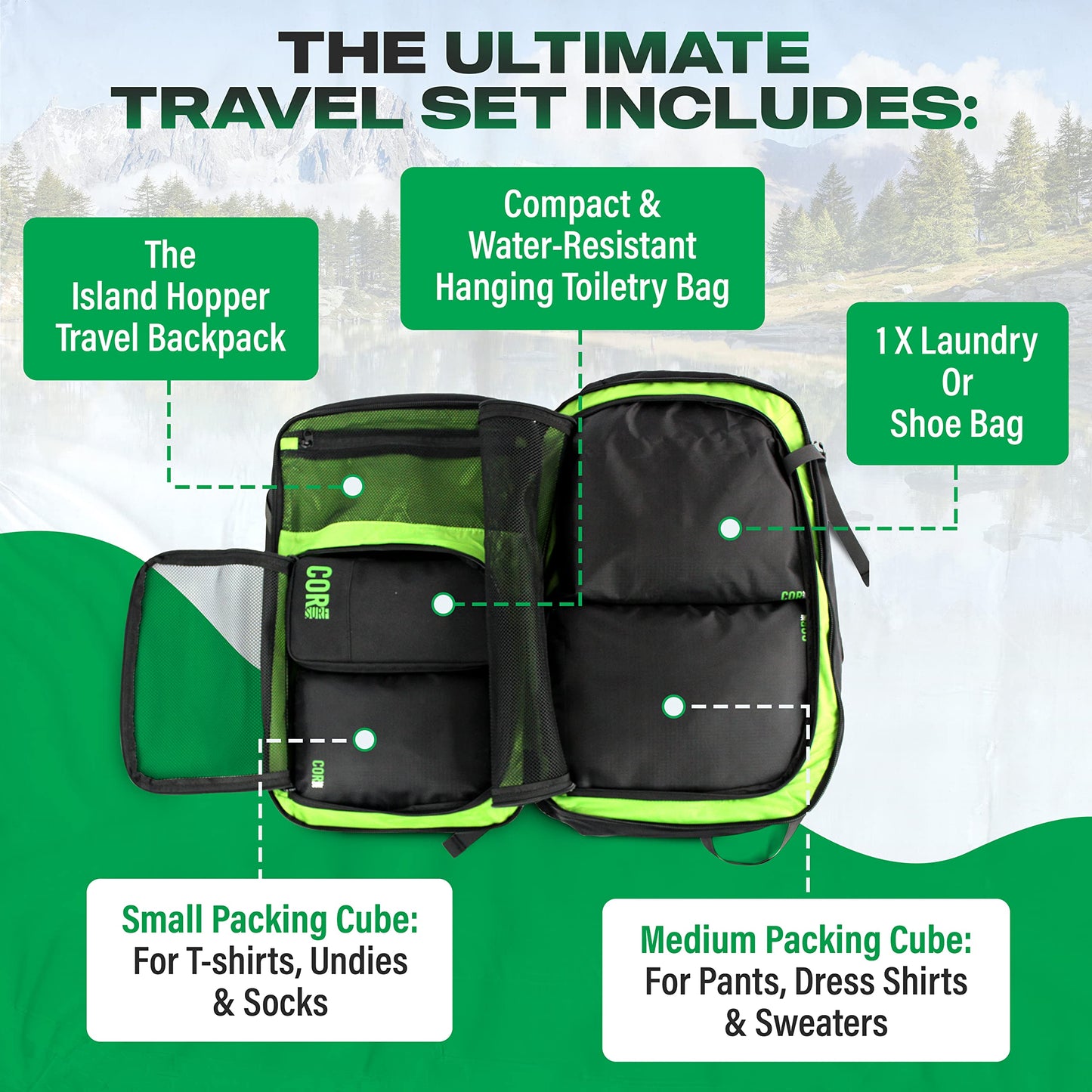 COR Surf Carry On Travel Backpack Bundle | Island Hopper Travel Backpack with Toiletry Bag and Compression Packing Cube Set (40L, Navy Blue)