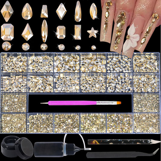 HNUIX Nail Rhinestones - 4550pcs Champagne Gold, Multiple Shape Gems, Flatback Crystal Rhinestones, with Kit and Glue Gel, for Nail Art