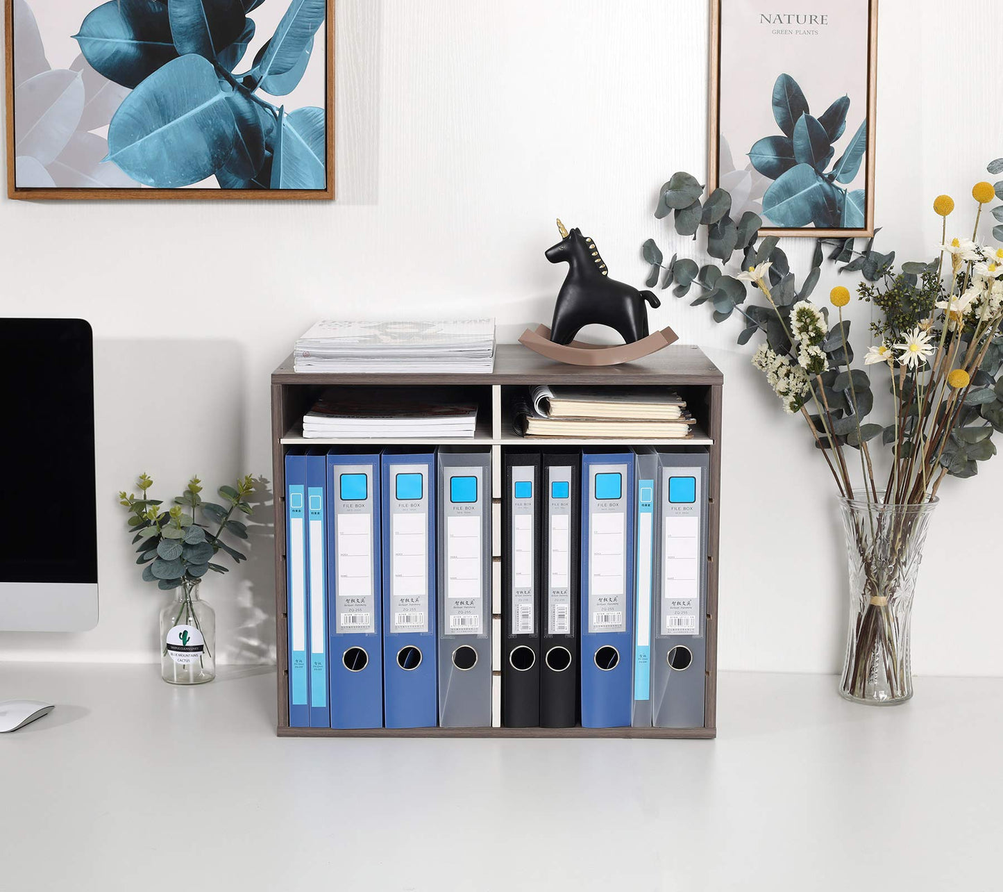 TQVAI Wood Literature Organizer, 12 Slots Hold 6000 Sheets A4 Papers, Wooden Desk Paper File Storage Organizer with Adjustable Shelves, Mailbox Cubbies for Office Home Classroom, Retro Grey/White