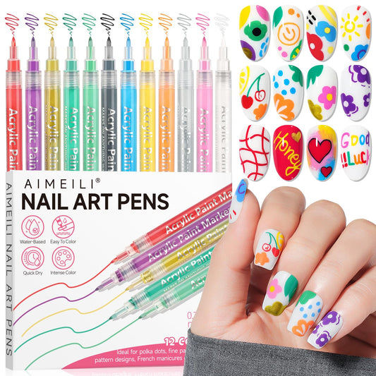 AIMEILI 12 Colors Nail Art Pens Set, Fine Tip Acrylic Paint Pens for Salon & Home DIY Nail Design, Dotting Drawing Liner Brush for Manicure, Nail Polish Art Decoration Kit 1