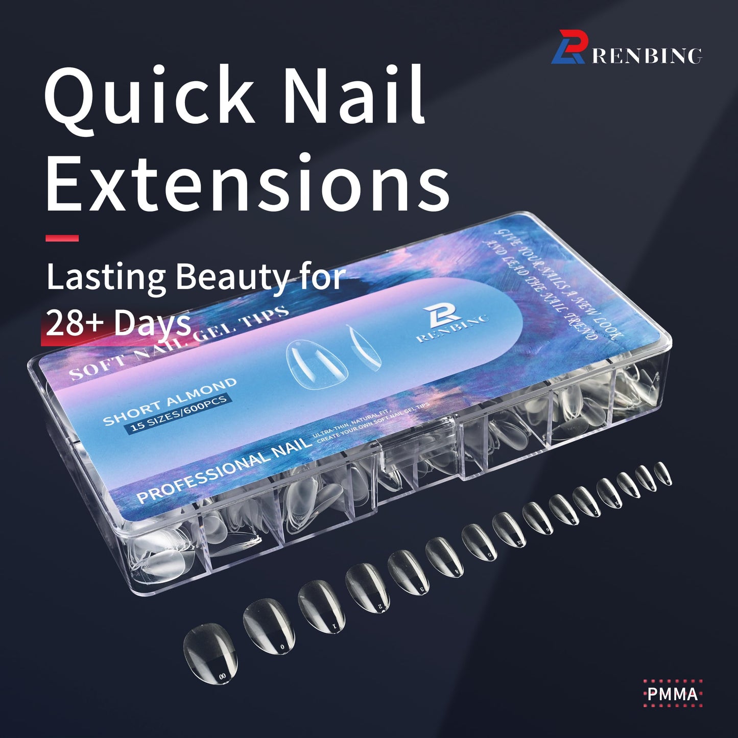 RENBING Gel Nail Tips Short Almond,600pcs Fake Nails,15 Sizes Acrylic Nail Tips,Half Matte Press on Nail Tips,Full Cover Clear False Nails Gifts for Women Create Salon Nail Art at Home