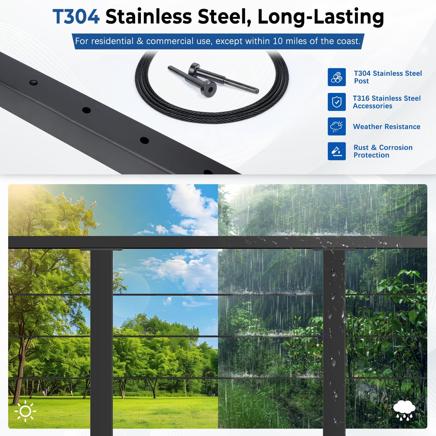 Zylorix 12ft-16ft Modular Cable Railing Post Kit 42" T304 Stainless Steel 4 Level Post Kit, Surface Mount Black Cable Railing System for Decks Length Adjustable Easy DIY, 213ft 1/8" Wire(No Handrail)