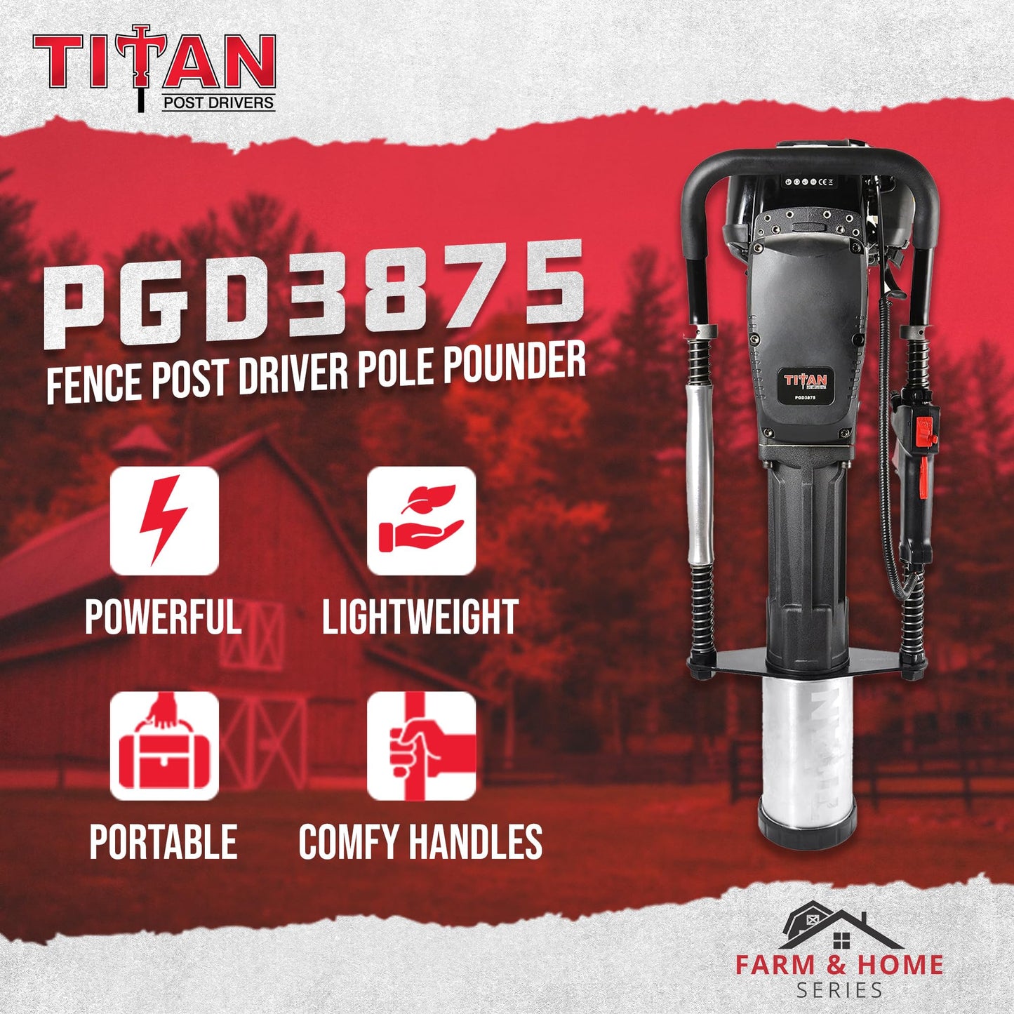 Titan Post Drivers PGD3875 Light-Duty Portable Gas-Powered Driver with 1.3 HP 4-Stroke Engine, 3 7/8" Max Diameter, and 4 Adapter Collars, 50 lbs