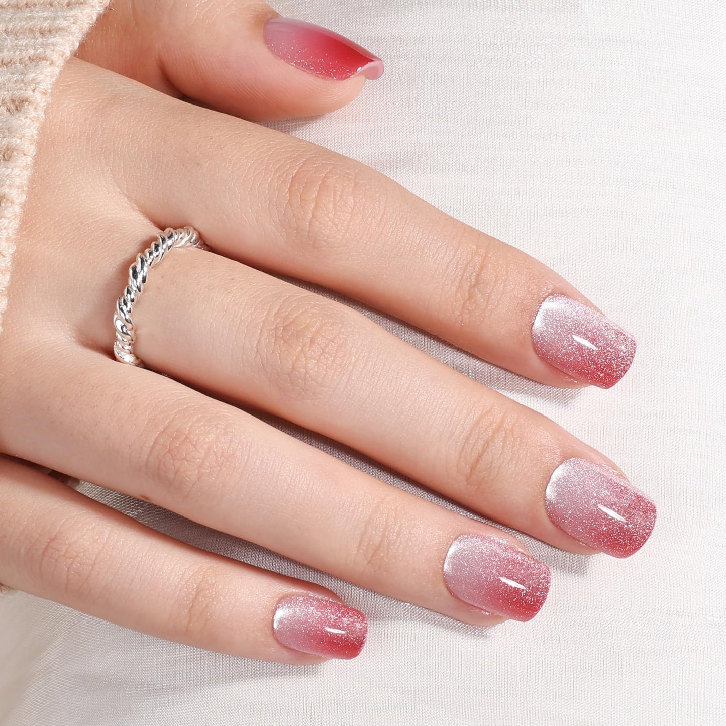 Red Cat Eye Press On Nails Square - Ombre Pink Short Square Fake Nails, Red Cateye Press On Nails Reusable Stick On Nails in 15 Sizes, 30pcs False Nail Kit for Women & Girls (Blush Tides)