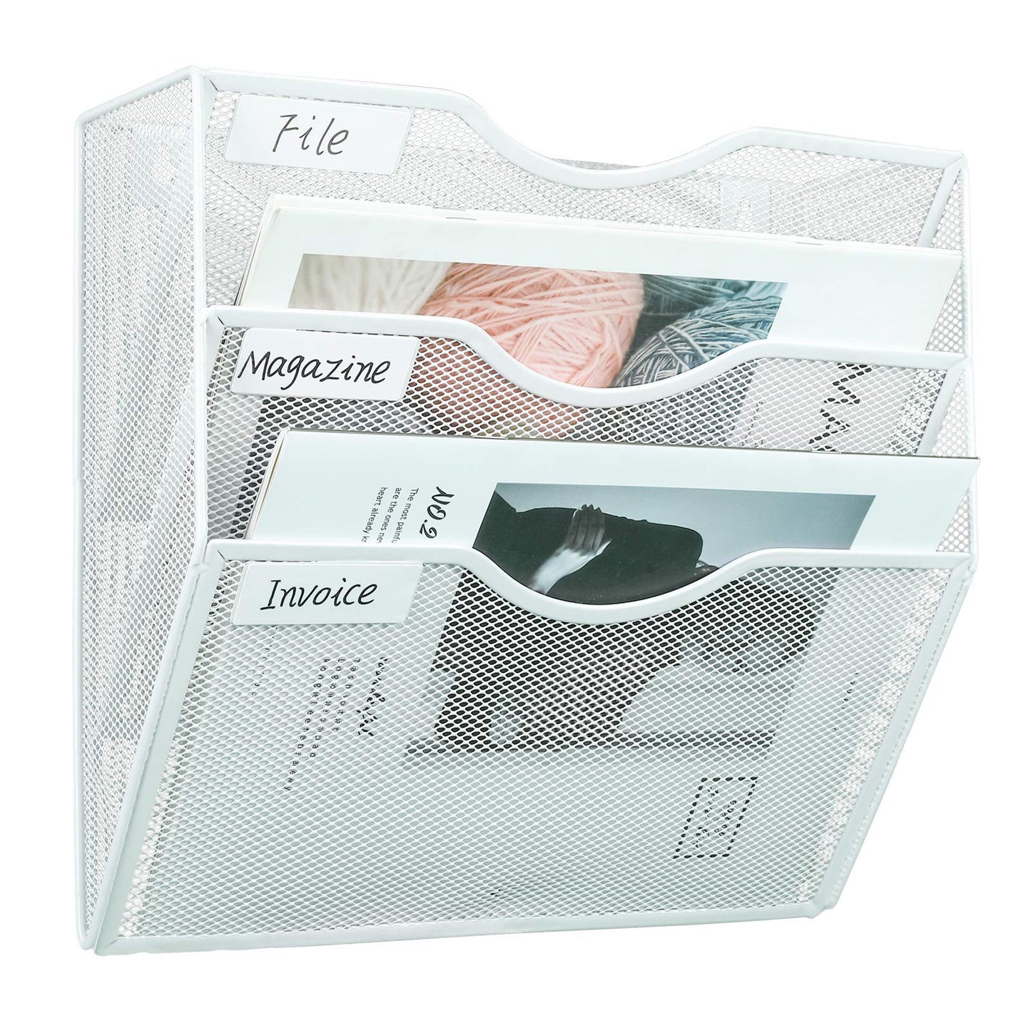 PAG Hanging Wall File Holder Mail Organizer Wall Mount Document Letter Rack, 3-Tier, White