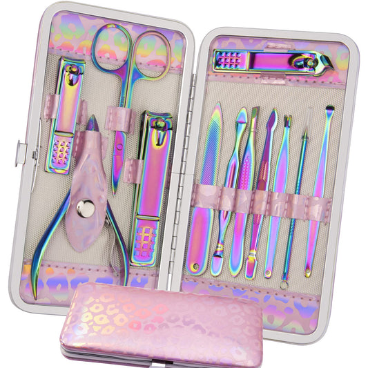 ANRUI Manicure Set Nail Clippers Pedicure Kit - 12pcs Stainless Steel Nail Kit, Colorful Professional Nail Care Kit Nail Files & Scissors Tools for Hands Foot Facial - Pink