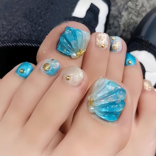 Ombre Blue Press on Toenails Short Square with Summer 3D Starfish Shells Gold Glitter Designs Full Cover Acrylic Beach Pearl False Toe Blue Gradient toenail Stick for Women 24Pcs