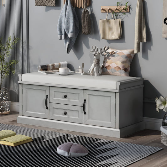 Acosure 42″ Storage Bench with 2 Drawers and 2 Cabinets，Multipurpose Entryway Shoe Rack W/Removable Cushion，for Living Room Hallway Porch,Gray Wash