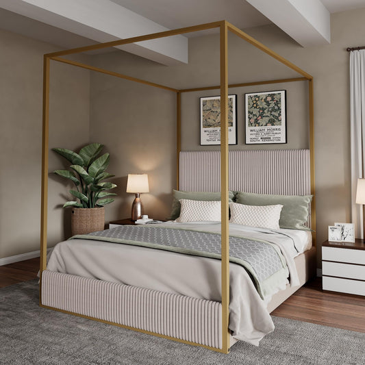 Merax Modern Luxury Queen Metal Canopy Bed with Tall Upholstered Headboard, Gold Four Poster Bed, No Box Spring Needed, Beige