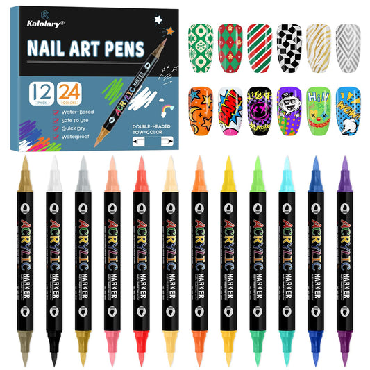 24 Color 3D Nail Art Polish Pens Set, Kalolary Nail Art Markers Point Graffiti Dotting Pen Drawing Painting Liner Double Headed Acrylic Paint for DIY Nail Art
