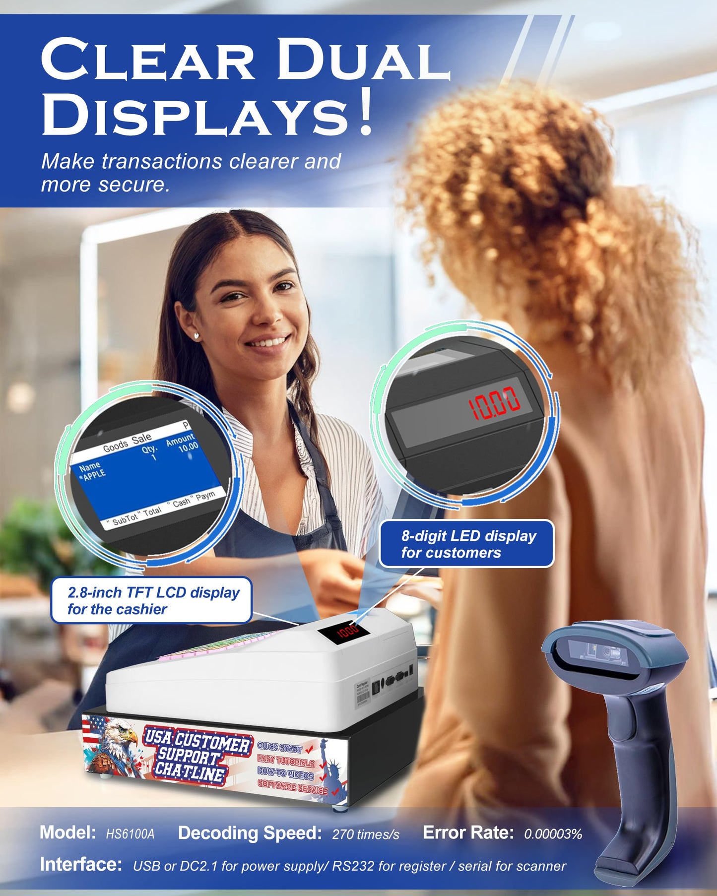 2025 HypeXtec Smart Cash Register with Cash Drawer&Scanner for Small Business,Waterproof&Oil-Proof Electronic Cash Registers Dual Display and Auto Print Receipt
