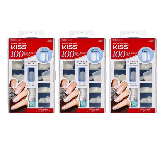 Kiss 100 Full Cover Nails Active Square (Pack of 3)