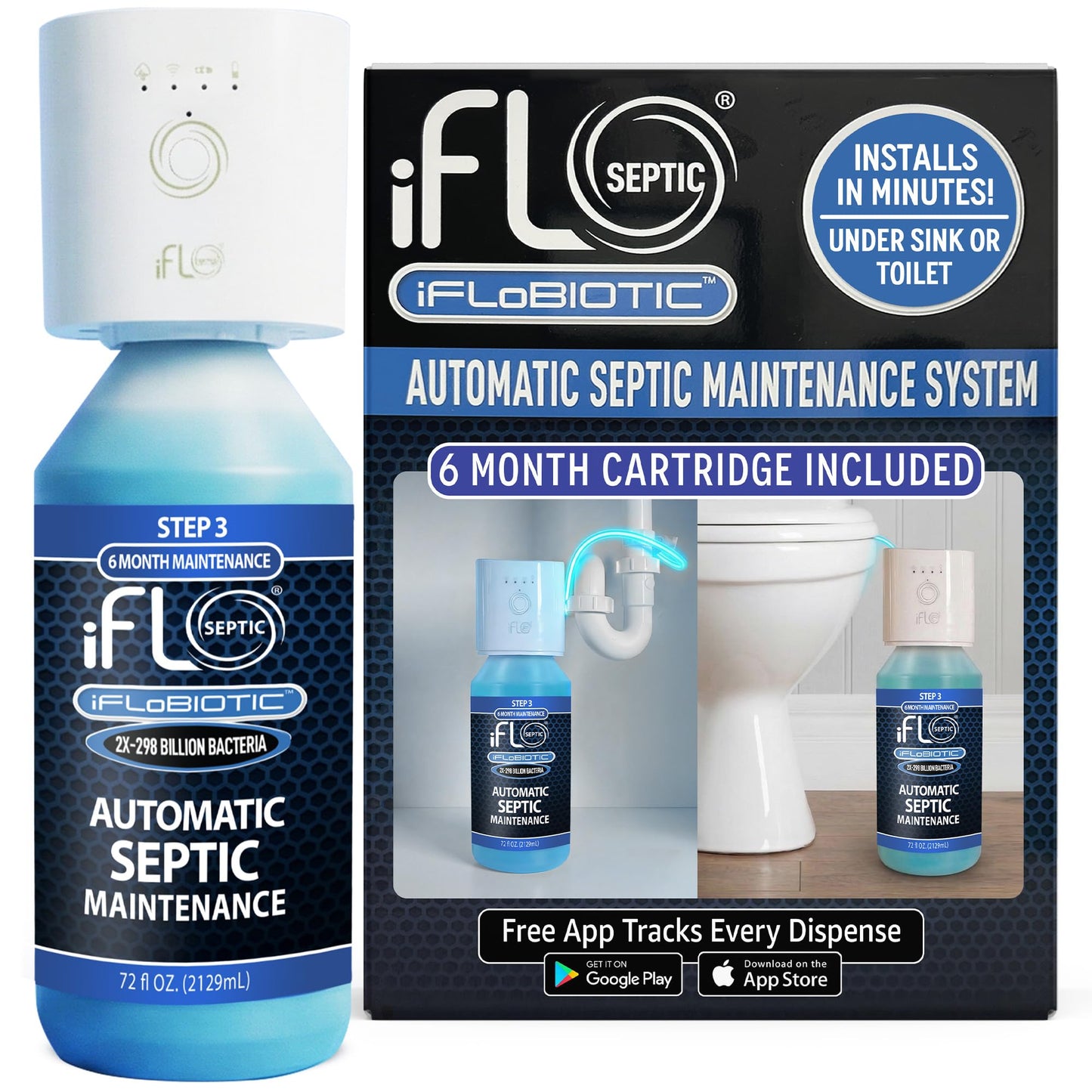 iFLO® Automatic Septic Tank Treatment & Maintenance Kit – Weekly Enzyme Dispenser Prevents Backups, Clogs & Odors – Breaks Down Sludge, Grease & Waste – 6-Month Supply (Up to 1,500 Gallons)