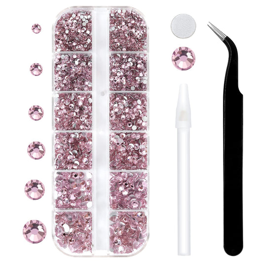 3792pcs Pink Crystal Flatback Rhinestones Glass Diamantes Round Gems for Crafts Nail, Makeup, Clothes, Mixed 6 Sizes with Wax Pencil and Tweezer Kit(SS6~SS20)