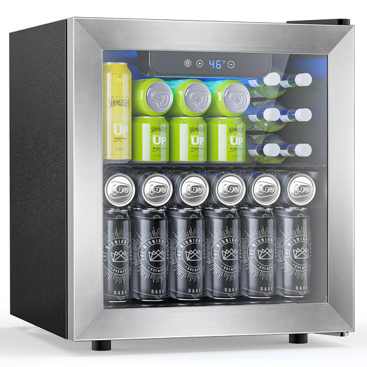 Electactic 48 Can Beverage Refrigerator,12 Bottle Wine Cooler with Stainless Steel Glass Door, Digital Temperature Display, Countertop Mini Fridge for Soda, Wine or Beer, Silver