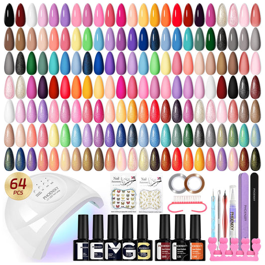 phoenixy Gel Nail Polish Kit with U V Light, 64 Pcs Gel Polish Nail Set 45 Colors All Seasons Nail Polish Set with Base and 4 Effects Top Coat Manicure Tools Complete Gel Nail Kit Gift for Women