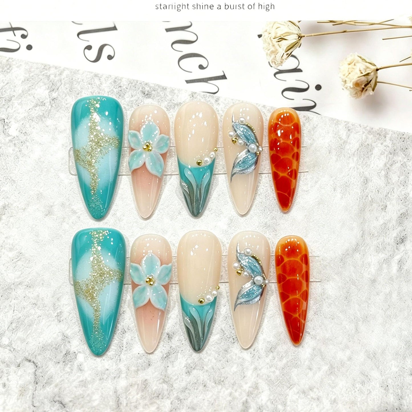 10 Pcs Handmade Press on Nails Long Stiletto Fake Nails with Design Blue 3D Flower Glitter False Nails French Tip Acrylic Stick on Nails for Women Wedding Nail Art - Size M