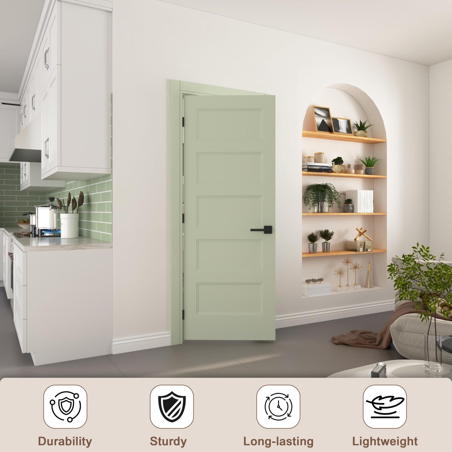 JUBEST 32"x80" Right-Hand Prehung Interior Door with Knock Down Jamb Kit & Matte Black Hinges, 5-Panel White Primed Hollow Core Molded Door Slab with Bore & Hinge Cutout, Durable & Sturdy, No Handle