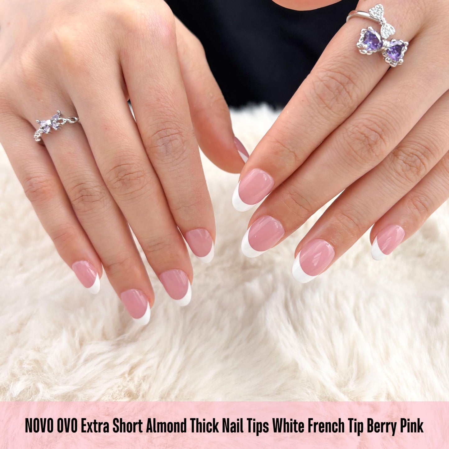 NOVO OVO Extra Short White French Tip Almond Nail Tips Press on BERRY PINK, Thick Soft Gel Fake Acrylic Extension, Need Builder Gel Top Coat, No Glue Included, for Salon DIY x 16 Sizes 224 pcs