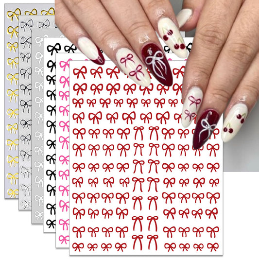 IDDFEVE Bow Nail Art Stickers - Colorful Mini Bow Self-Adhesive Nail Decals for DIY Valentines Day Manicure (6 Sheets)