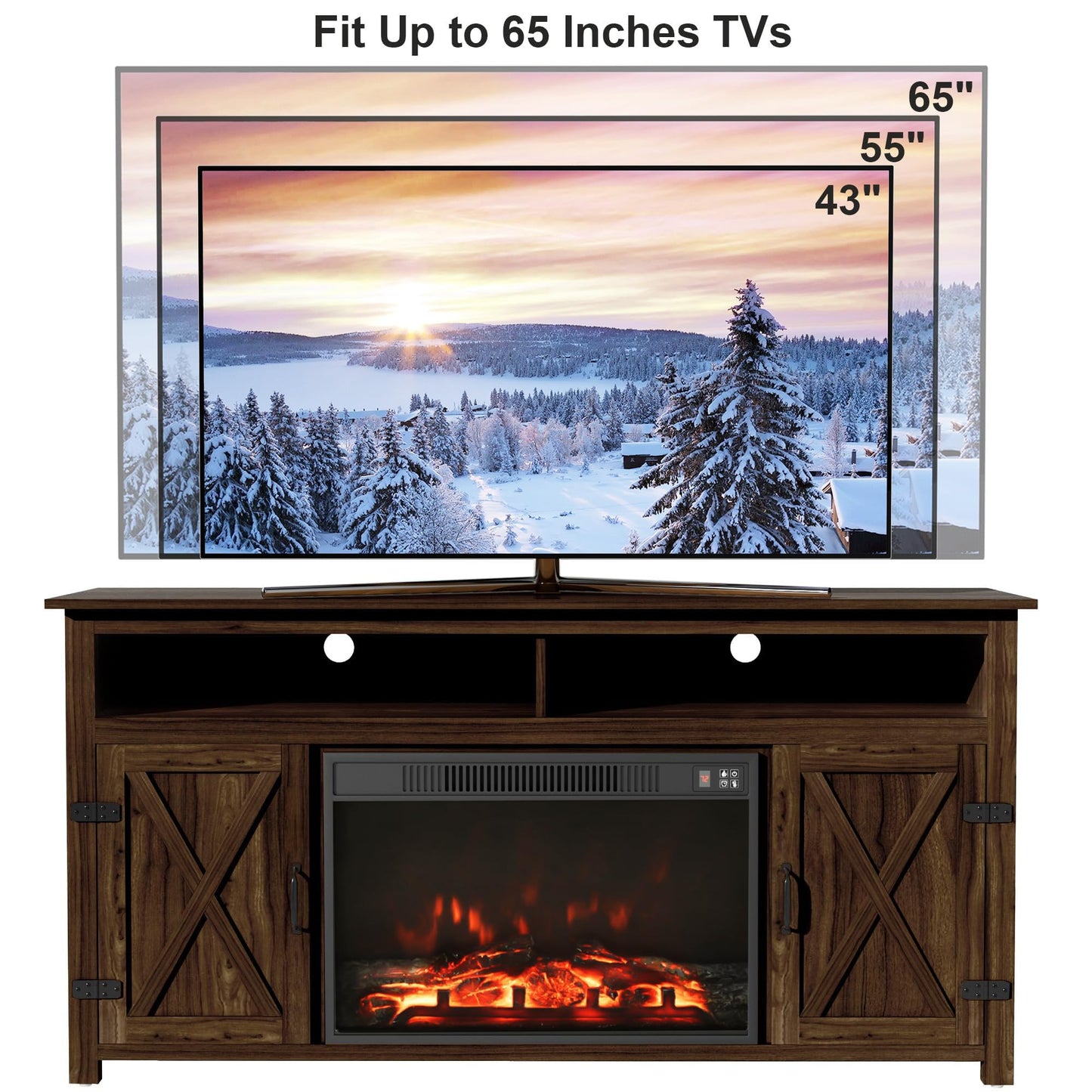 Furmax Farmhouse Fireplace TV Stand for TVs Up to 65 Inch Highboy Entertainment Center with Open Storage and Side Cabinets Rustic Media Console Table with Barn Doors for Living Room (Barnwood)
