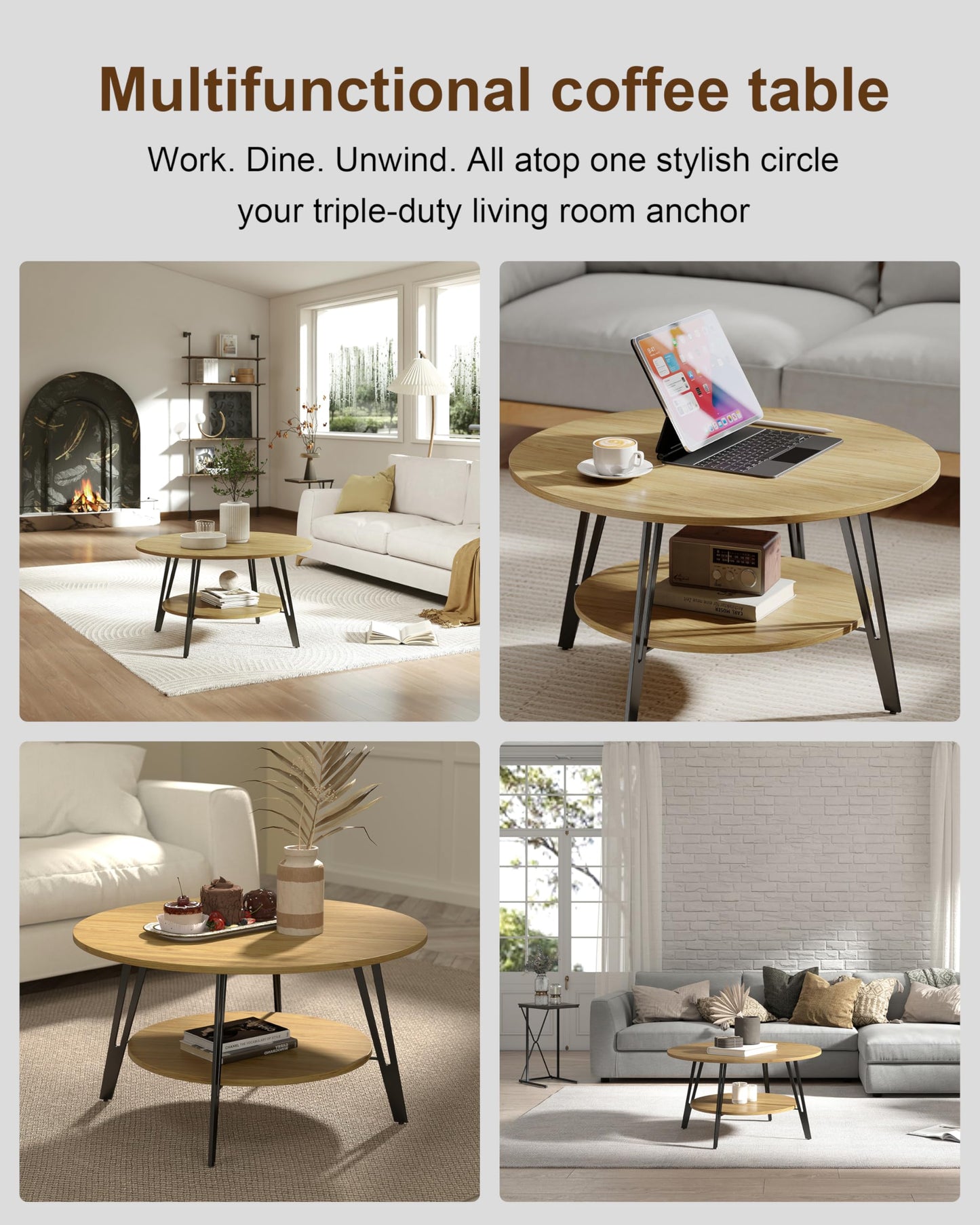 Manora Round Coffee Table with Storage, Small Circle Center Table for Living Room, Modern Wood Coffee Table for Home Office & Small Spaces, Easy Assembly, Oak