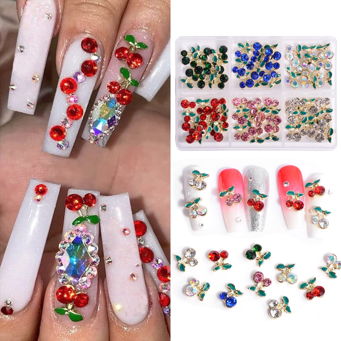 Nail Art Rhinestones Gold 3D Cherry Nail Charms, 60Pcs Cherry Crystal Diamond Fruit Charm for Nails Design Metal Alloy Rhinestone Jewelry DIY Crafts Supply(6 Colors,Cherrys)