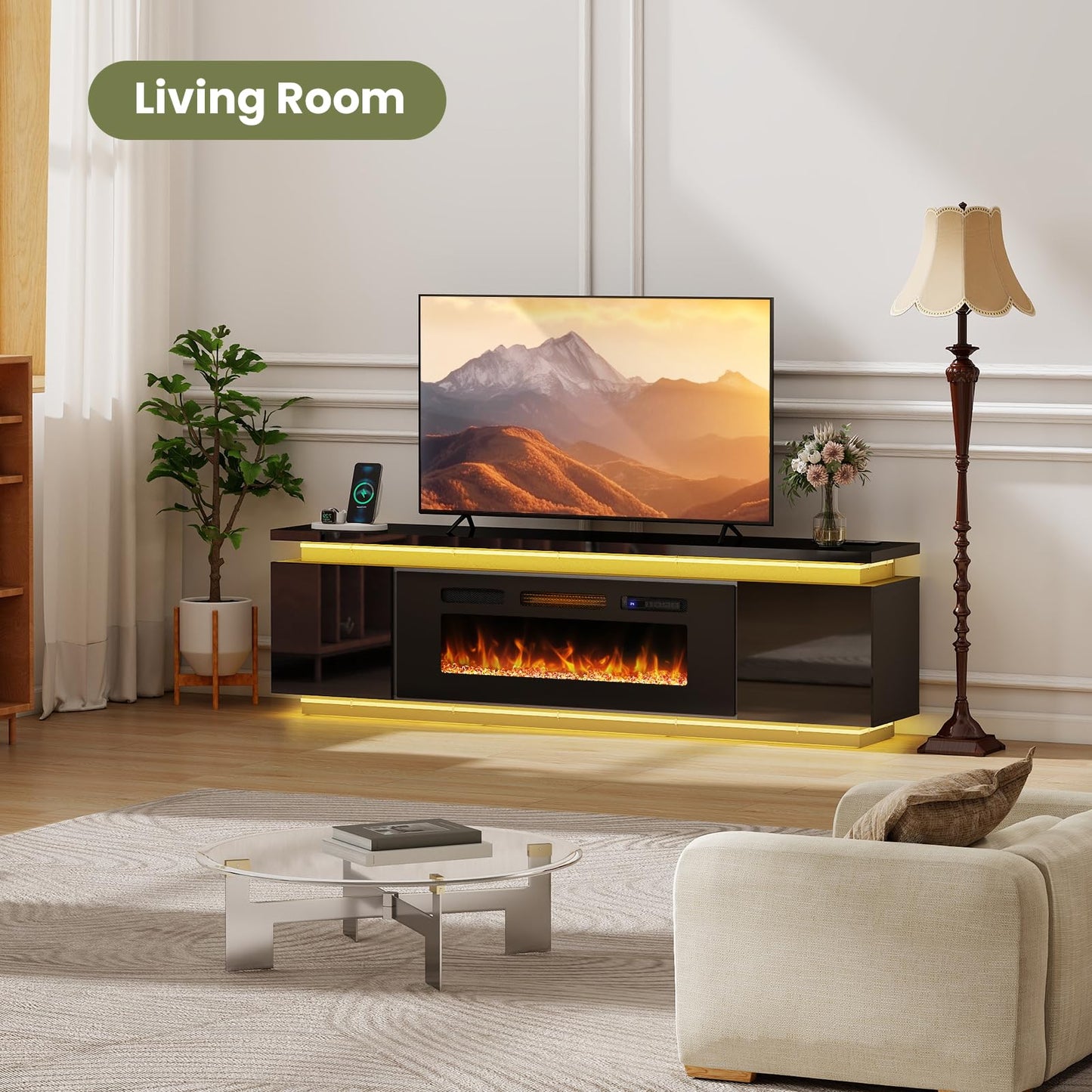 Lamtor Fireplace TV-Stand with 40" Fireplace - 2 LED Light TV-Stand for 85 inch TVs, Entertainment Center with 4 AC Power Outlets, 2 Tier TV Consoles Stand for Living Room, Black