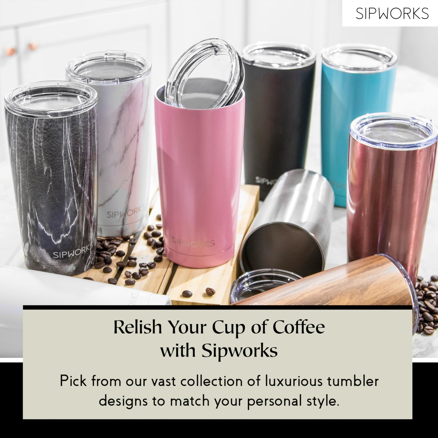 Sipworks Coffee Tumbler – 20 oz Insulated Travel Coffee Mug, Spill Resistant Stainless Steel Large Coffee Cup with Lid for Hot & Iced Drinks - Mahogany