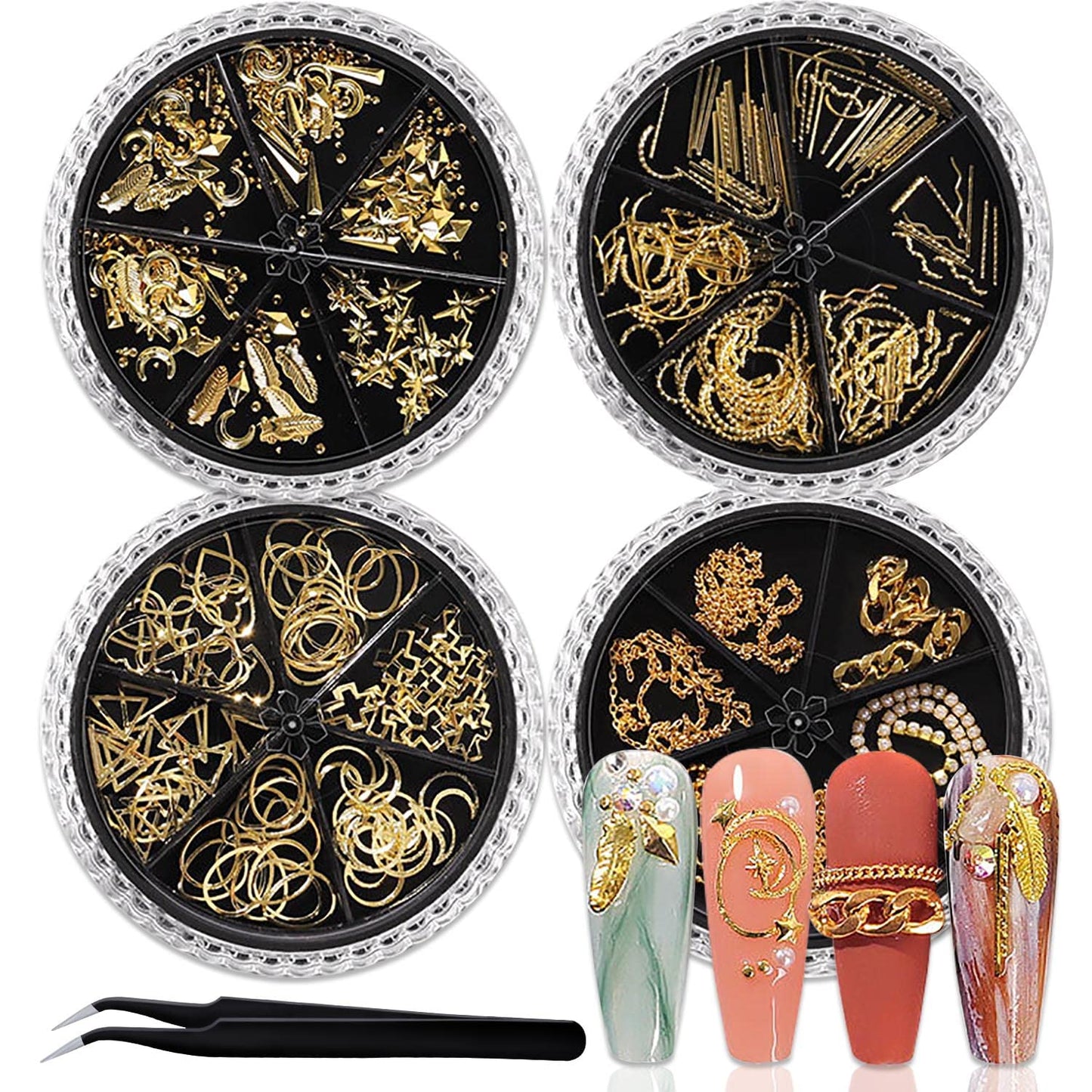 SILPECWEE 4 Boxes Gold Nail Charms Nail Jewels 3d Nail Art Charms Hollow Nail Studs Beads Charms For Nails Metal Chains Nail Art Decoration with Tweezers