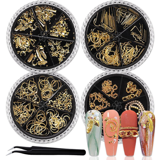 SILPECWEE 4 Boxes Gold Nail Charms Nail Jewels 3d Nail Art Charms Hollow Nail Studs Beads Charms For Nails Metal Chains Nail Art Decoration with Tweezers
