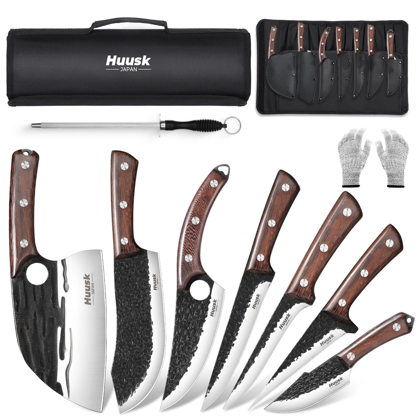 Huusk Butcher Knife Set for Meat Cutting 10pcs Viking Kitchen Serbian Chef Knife with Roll Bag Hand Forged Brisket Knives Meat Cleaver for Men Gift BBQ Outdoor Camping