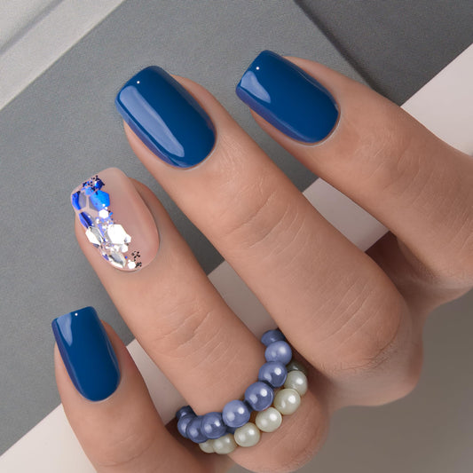 CurvLife Press On Nails Stick On Nails Deeping Blue Short Square Fake Nails Design Acrylic Nails Tips Glue On False Nails For Women