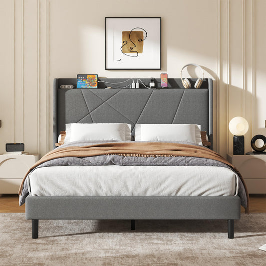 Queen Size Linen Bed Frame, Storage Headboard with Charging Station, Upholstered Platform Bed with Wooden Slats Support, Solid and Stable, Noise Free, No Box Spring Needed, Easy Assembly, Gray