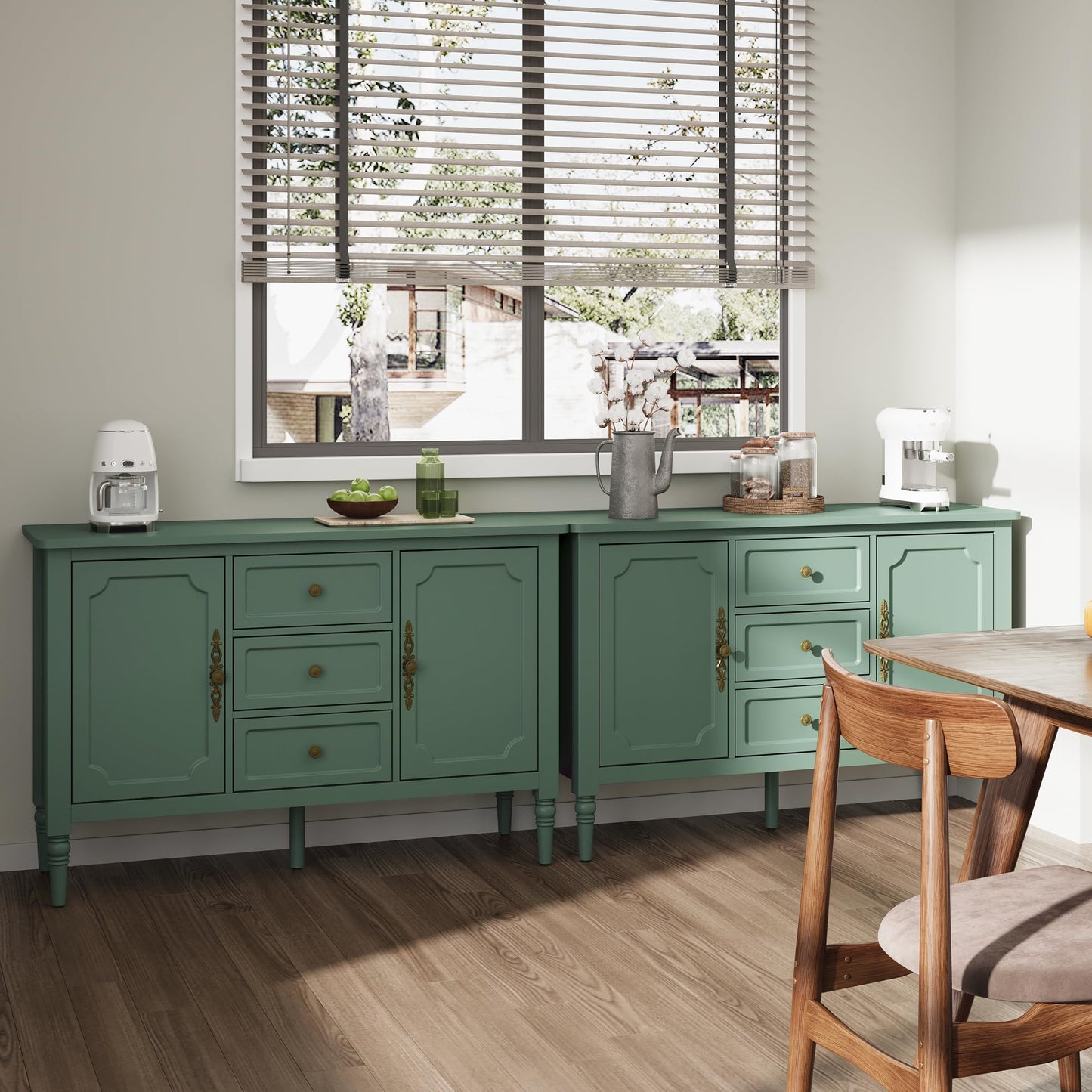 FansaFurn Green Storage Cabinet, Mid-Century Buffet Cabinet with 2 Doors & 3 Drawers, Accent Sideboard Cabinet with Adjustable Shelves & Turned Legs, Great for Entryway, Living Room, Dining Room
