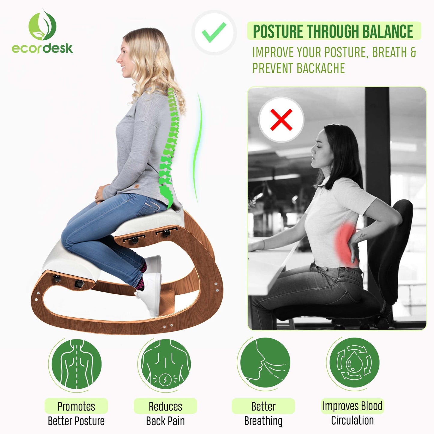 Ecordesk Ergonomic Kneeling Chair, Adjustable Seat - Office Chair for Desk, Posture Corrector, Premium Comfort Cushion, Wooden Rocking Knee Chair (Pecan)