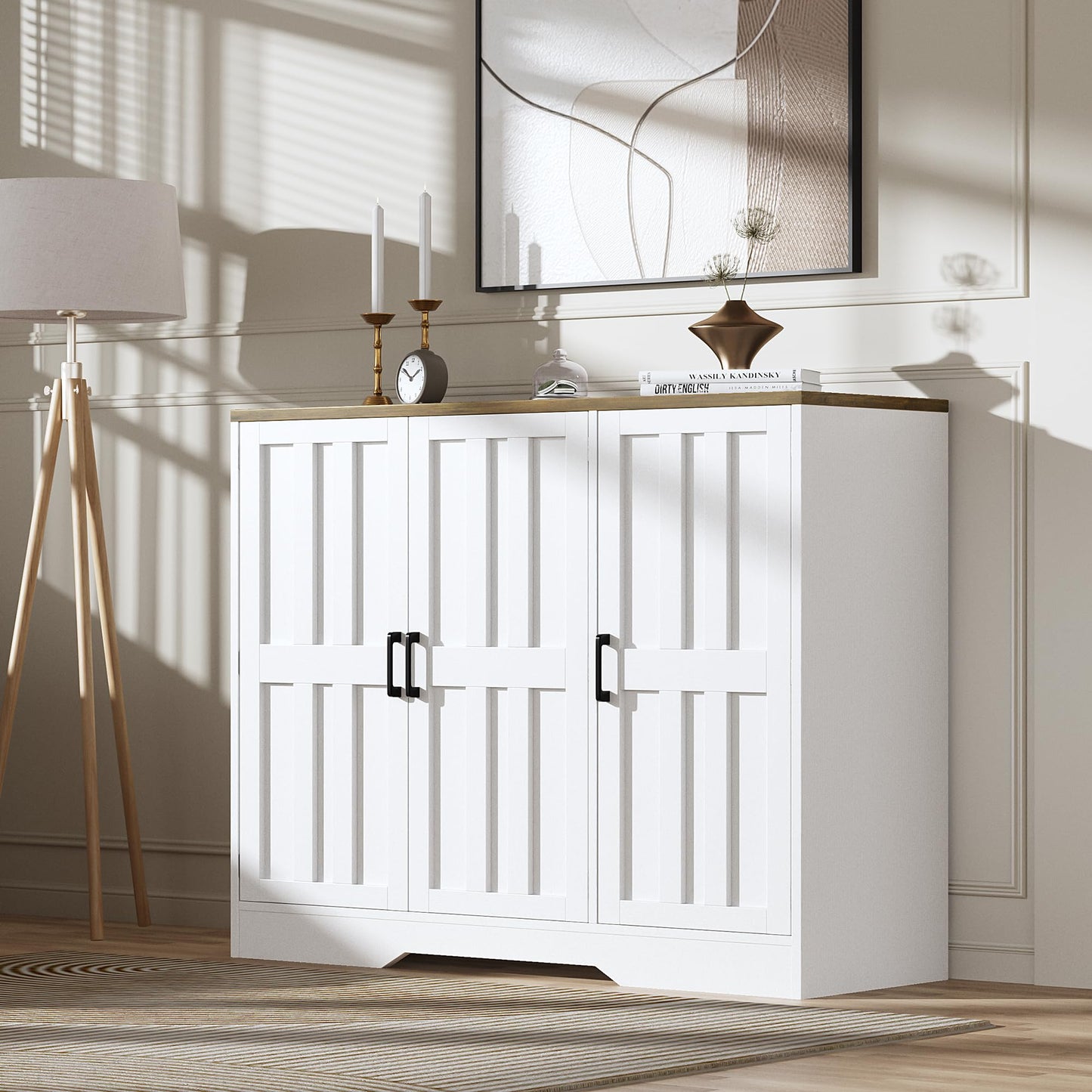 AesthLife Farmhouse Sideboard Buffet Cabinet with Doors, 42.5" Kitchen Storage Cabinets for Hallway, Living Room (Classical White)