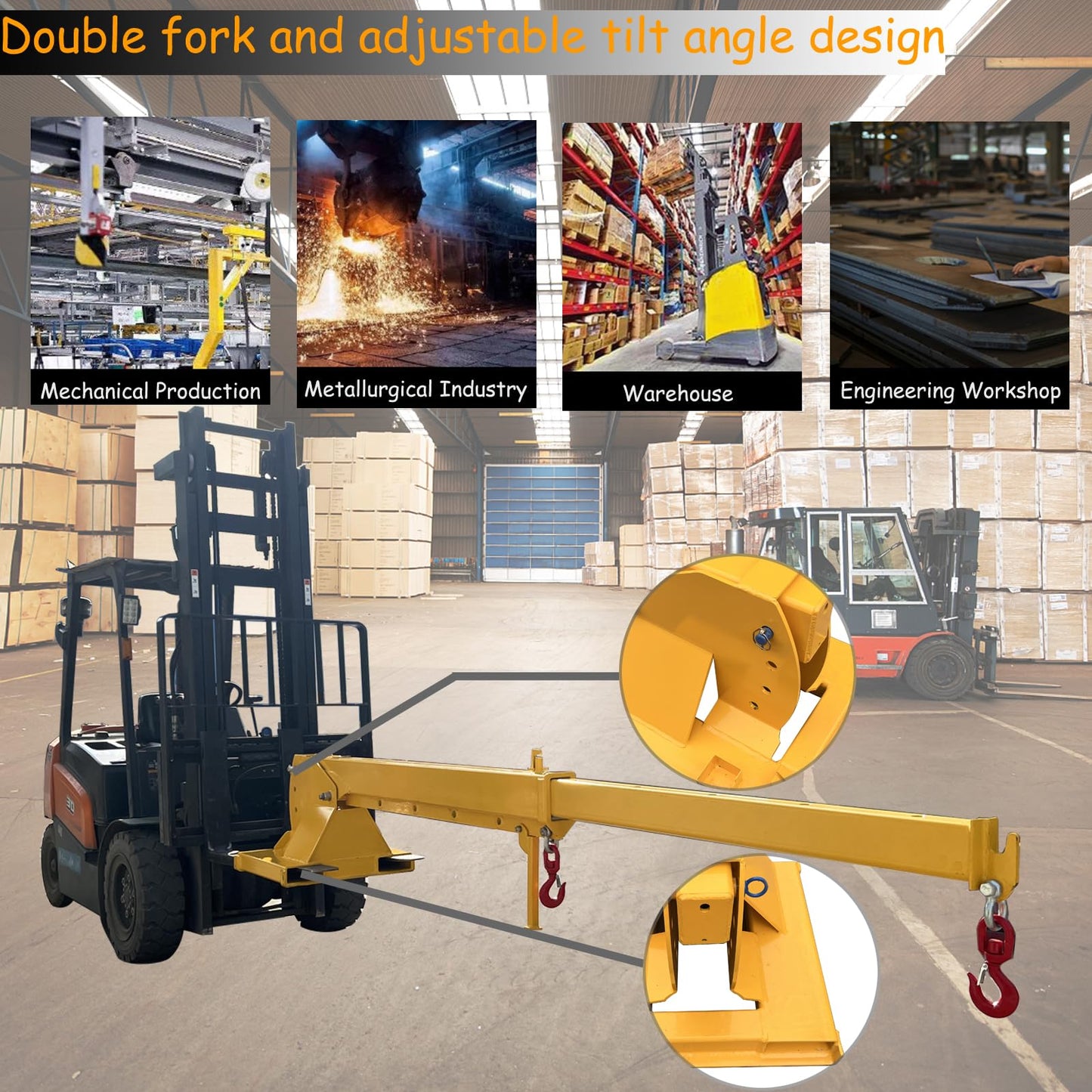 PreAsion 6600LB Capacity Forklift Jib Boom Crane, Adjustable Boom Length 7-12ft Manual Telescoping, Mobile Crane Lifting Hoist with Two Swivel Hooks, Lifting Angle 0-75°, Compatible with Pallet Forks