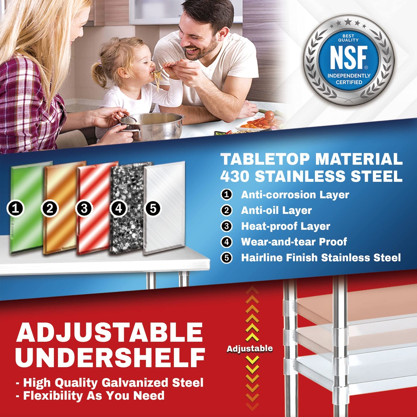 DuraSteel NSF Commercial Kitchen Table - 24 x 48 Inch Cooking Prep Stainless Steel Kitchen Island Workstation w/Adjustable Under Shelf - Heavy Metal Backsplash Workbench for Restaurant, Home, Garage