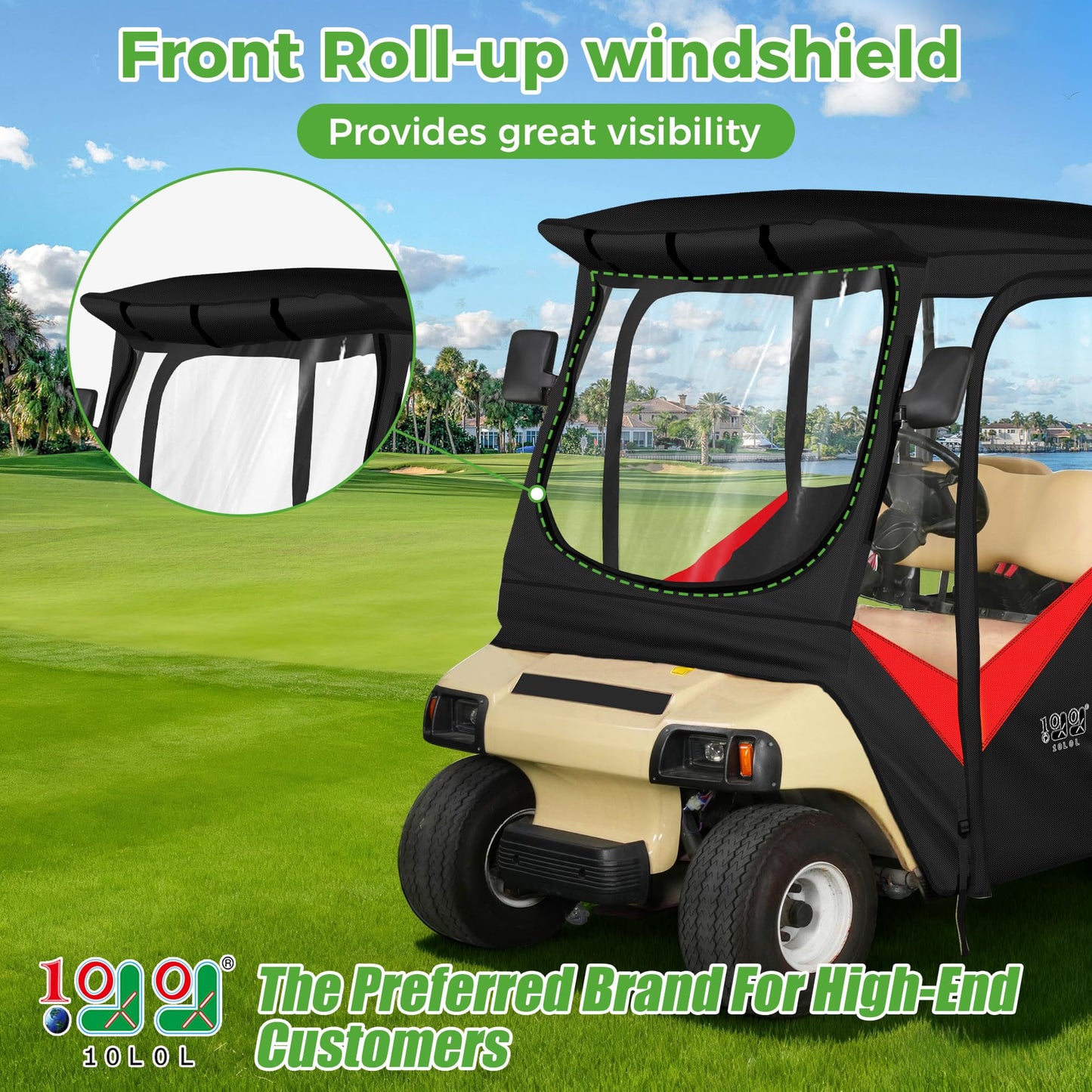 10L0L 4 Passenger Golf Cart Enclosure for Club Car DS (Short Roof 56"), Windproof Waterproof Portable Storage Cover 4-Sided Clear Window & Roll-up Zipper Door - Black Red